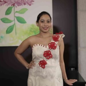 OFF WHITE ONE SHOULDER WITH RED FLORAL APPLIQUES