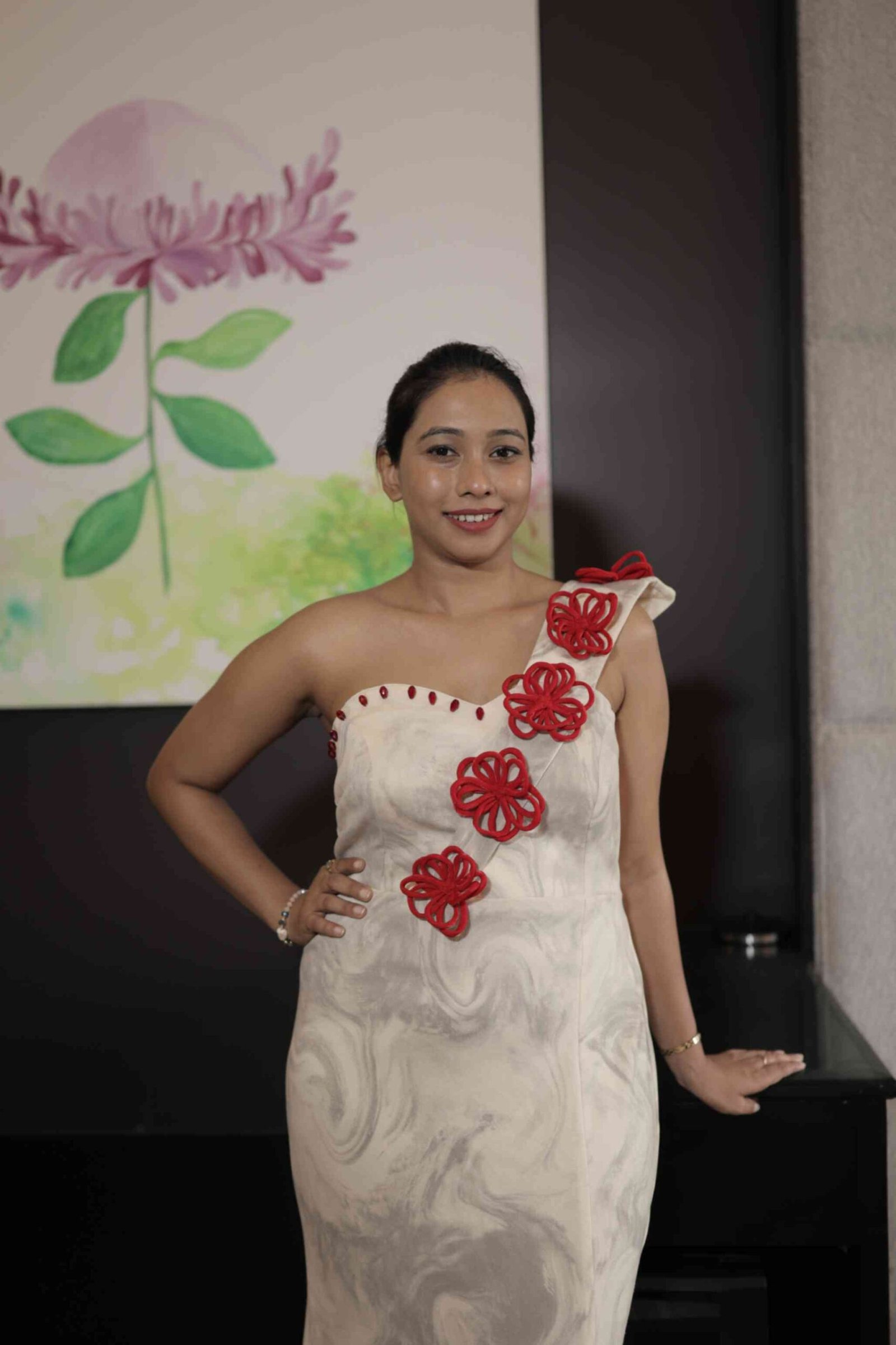 OFF WHITE ONE SHOULDER WITH RED FLORAL APPLIQUES