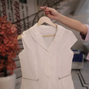White Short Sleeve Button-Up Top