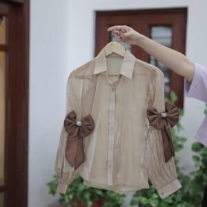 Beige Sheer Shirt with Bow Sleeves