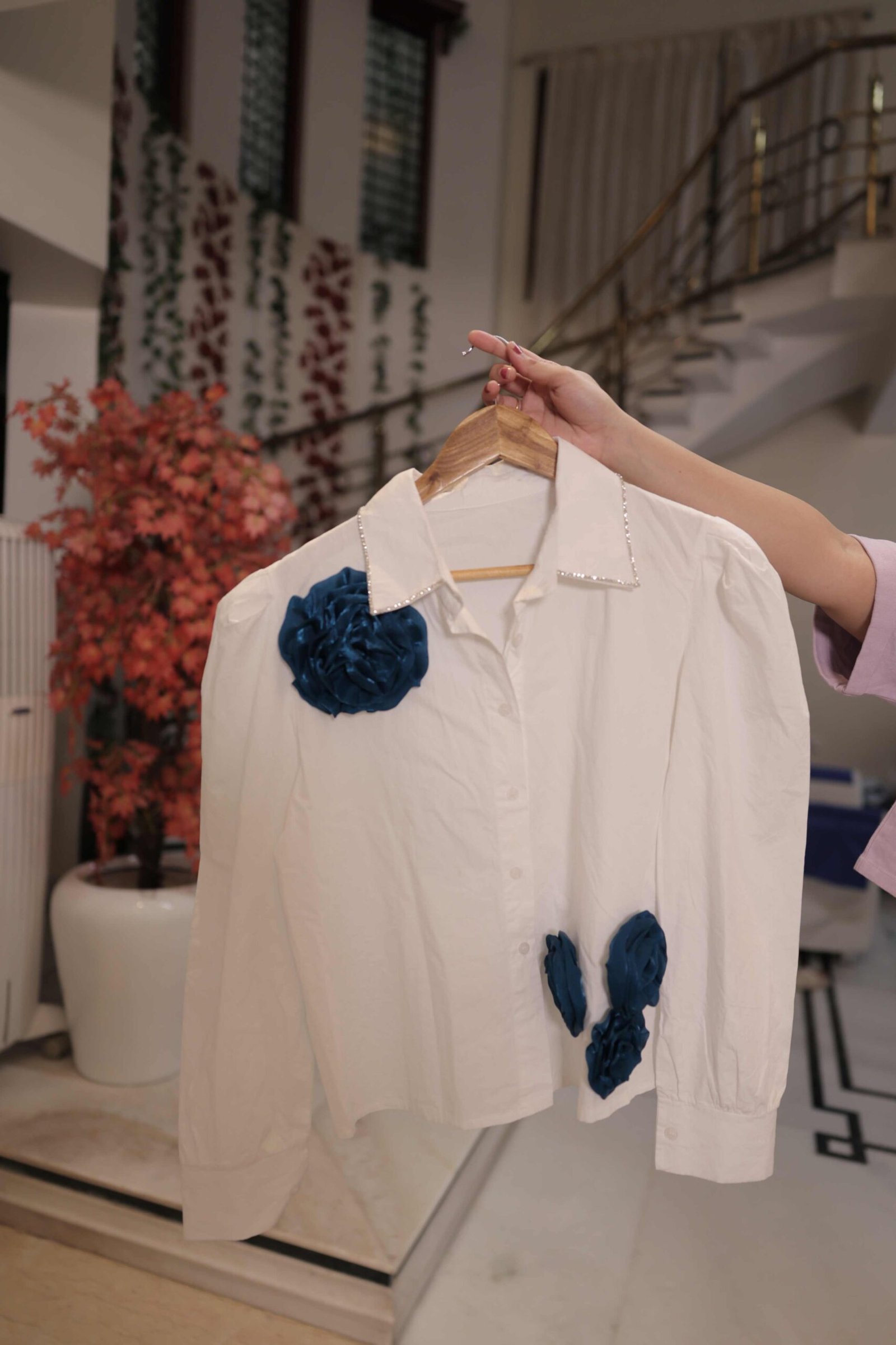 White Navy Floral Detail Shirt