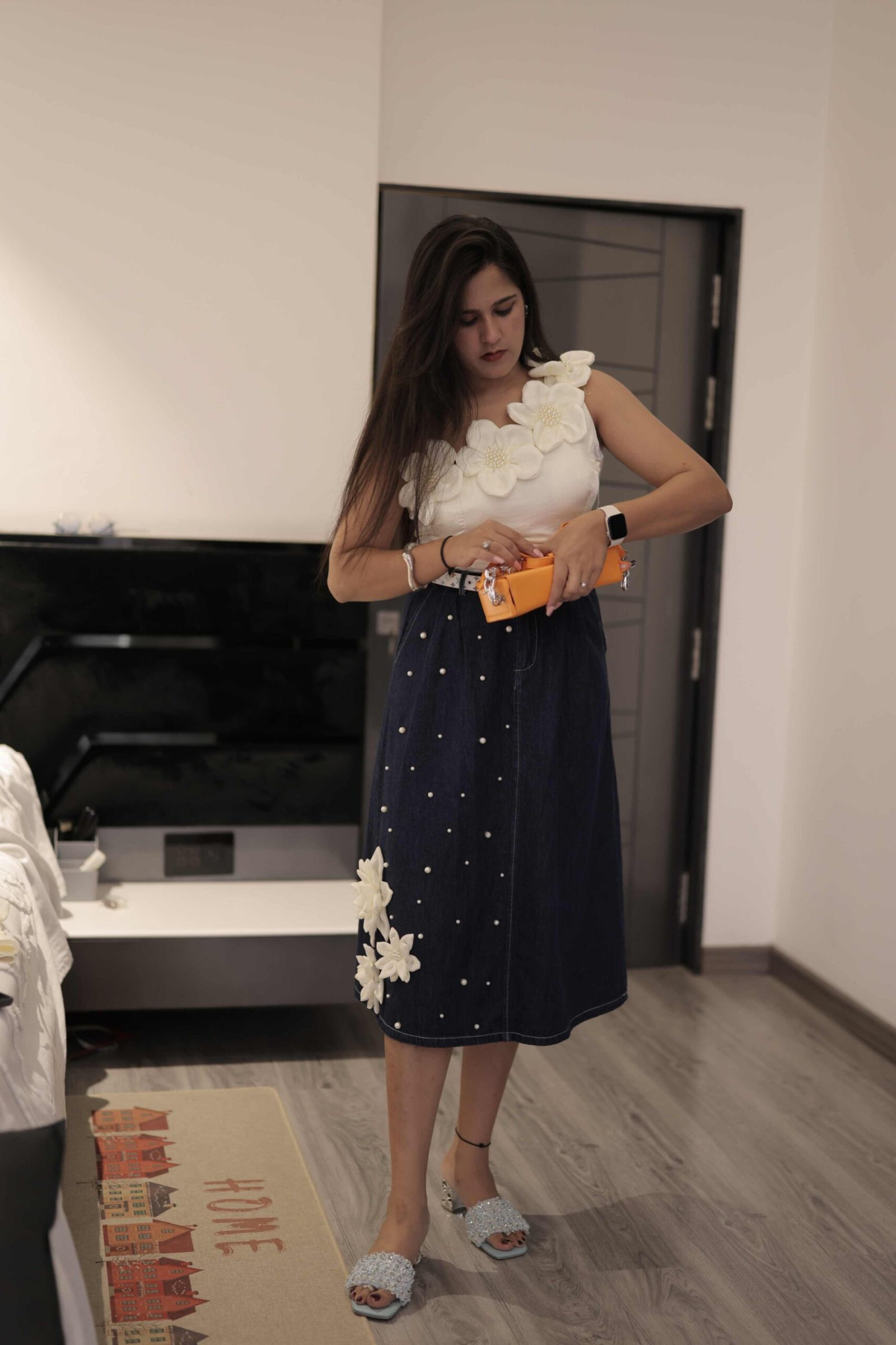 White Floral Appliqué One Shoulder Top